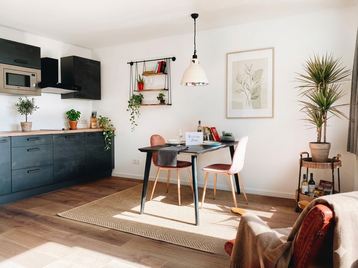 Helle Küchenzeile mit Esstisch, Pflanzen und einem Sessel in einem Apartment der Lorenz Apartments